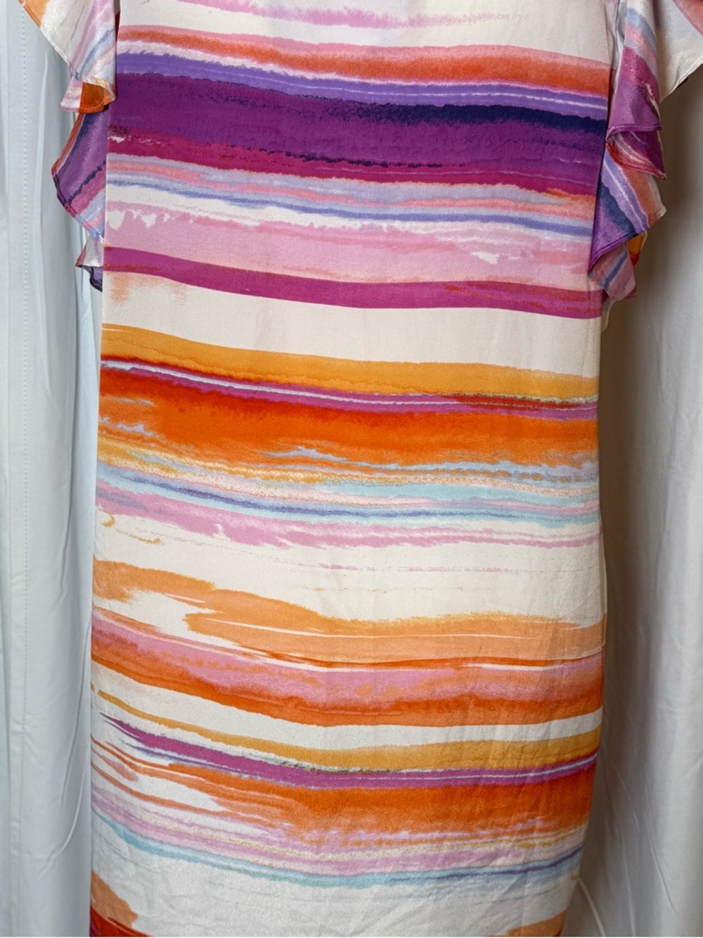 Amanda U Watercolor Ruffle Dress Bright Stripe Shift Medium - Picture 9 of 12